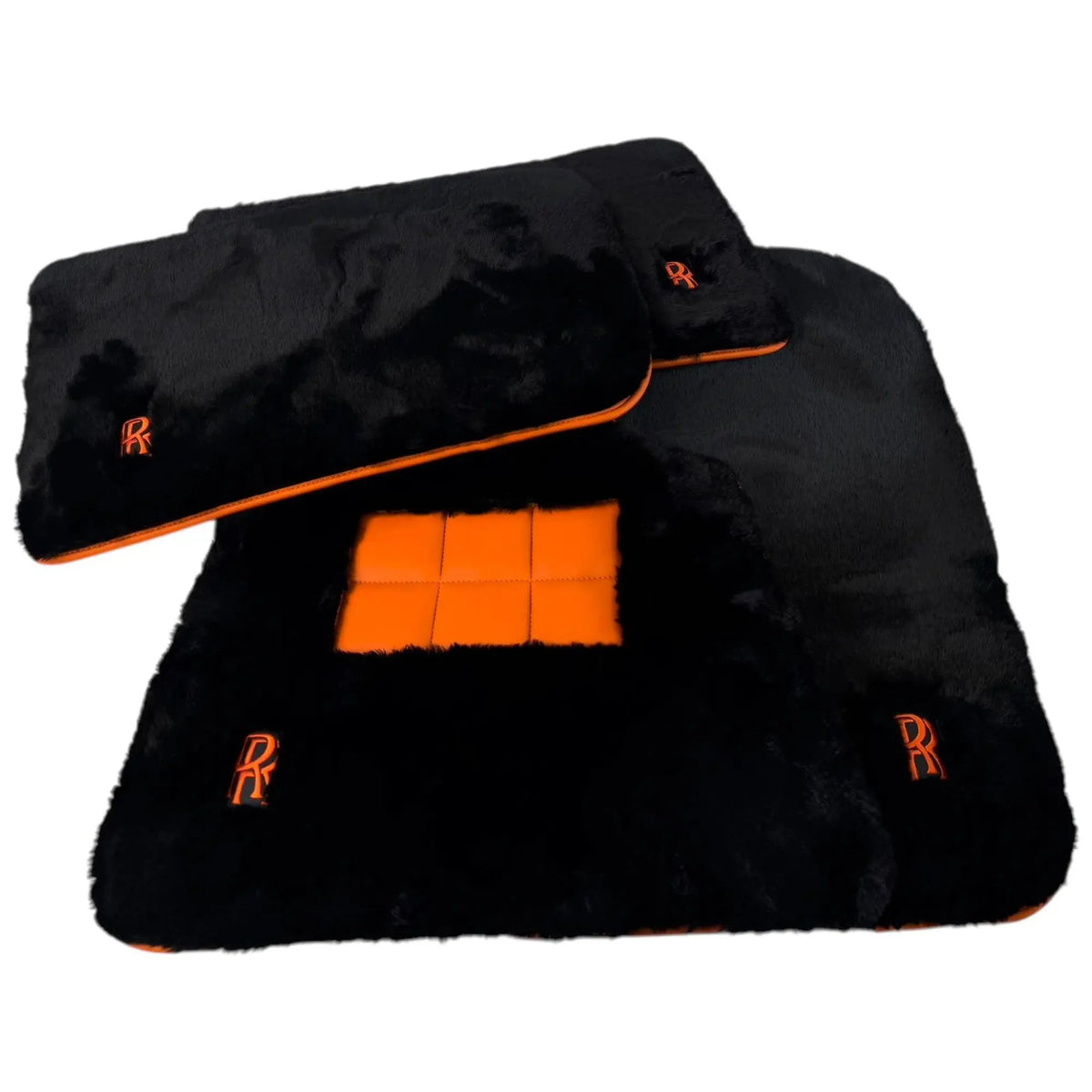 Black Sheepskin Floor Mats for Rolls Royce Shadow (1965-1977) with Orange Leather