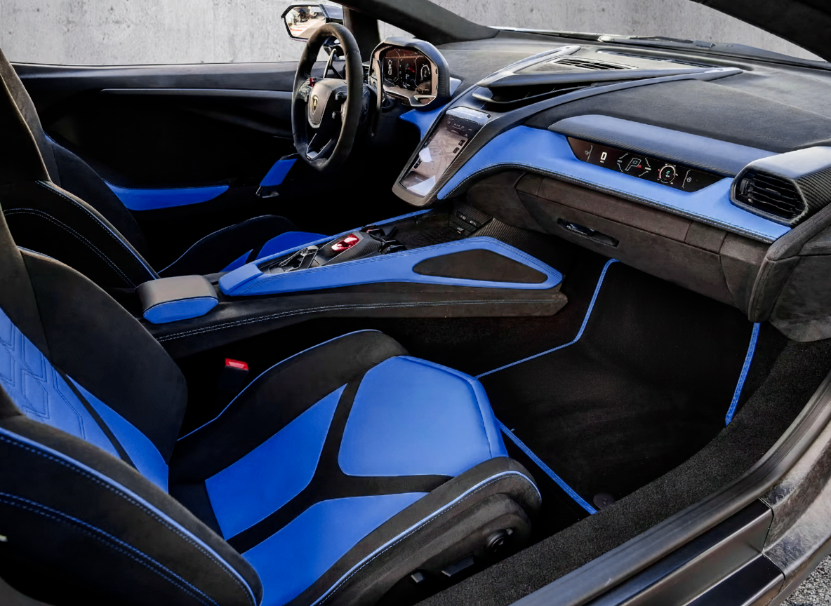 Interior look of floor mats for Customizable Black Floor Mats For Lamborghini Urus With Alcantara Leather Dark Blue Trim
