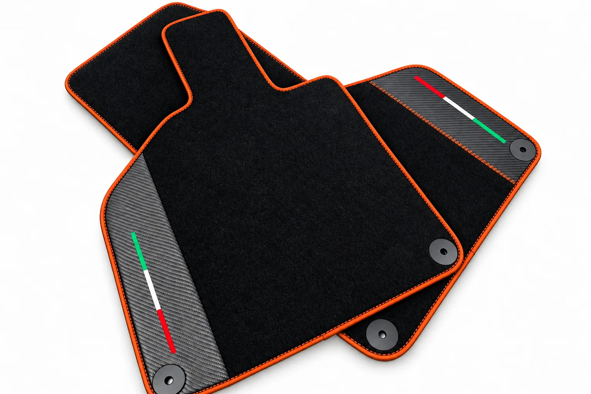 Custom Black Floor Mats for Lamborghini Huracan with Carbon Fiber Leather Orange trim