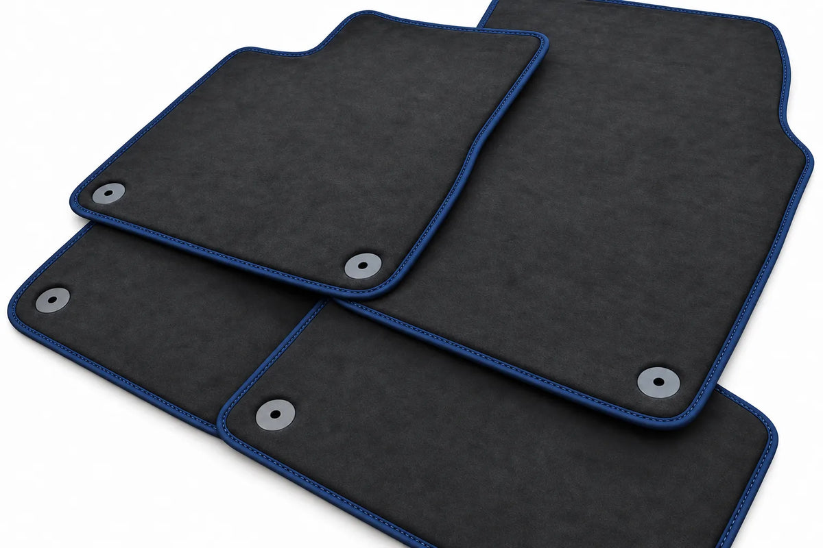 Customizable Floor Mats For Lamborghini Urus Alcantara Leather With Yellow Stitching Dark Blue trim