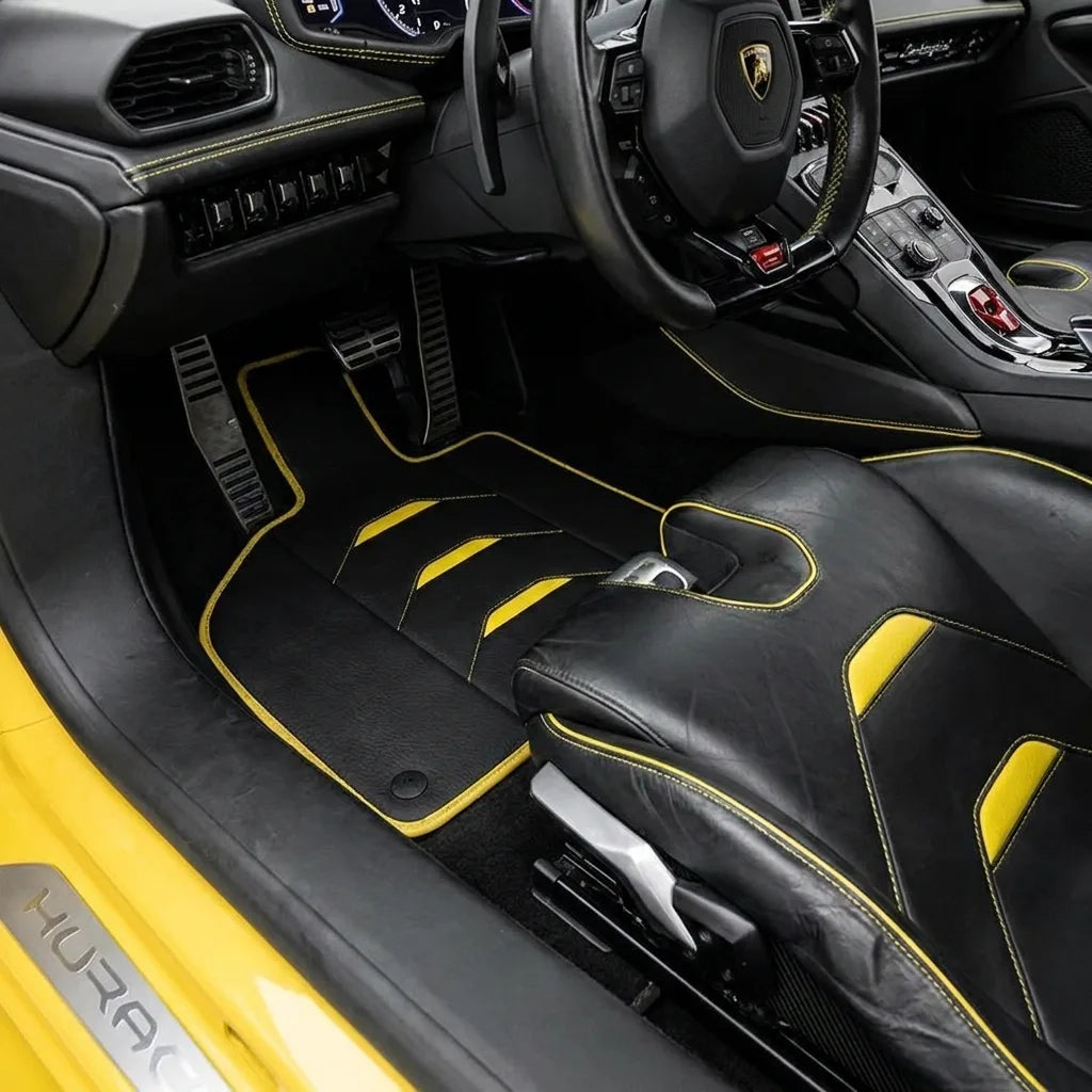 Customizable Leather Floor Mats with AW24 Pattern for Lamborghini Huracan EVO (2019-2024) inside the vehicle