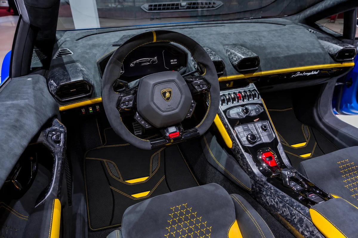 Customizable Leather Floor Mats with AW46 Pattern for Lamborghini Huracan Performante (2017-2019) inside the vehicle