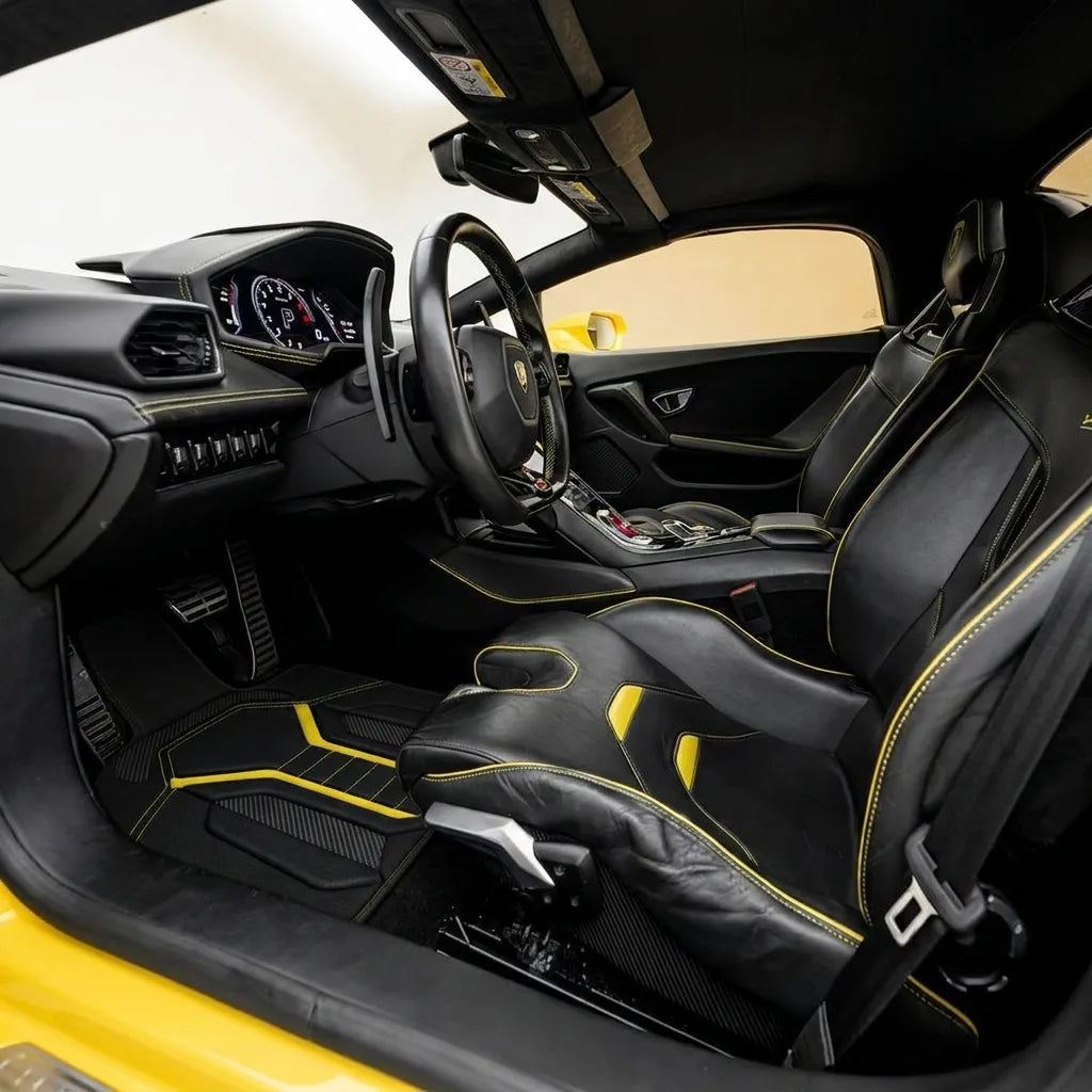 Customizable Leather Floor Mats with AW47 Pattern for Lamborghini Huracan EVO (2019-2024) inside the vehicle