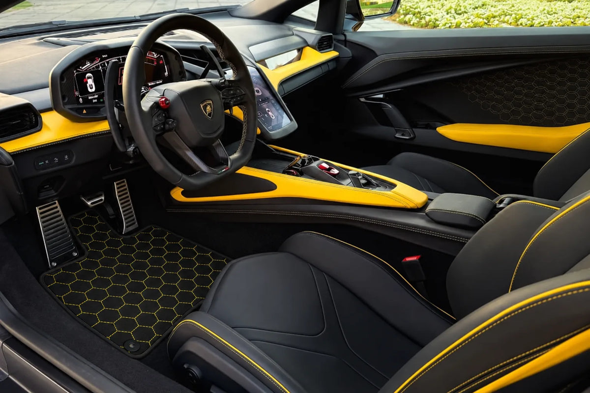 Customizable Leather Floor Mats with Hex Pattern for Lamborghini Revuelto (2024-2027) inside the vehicle