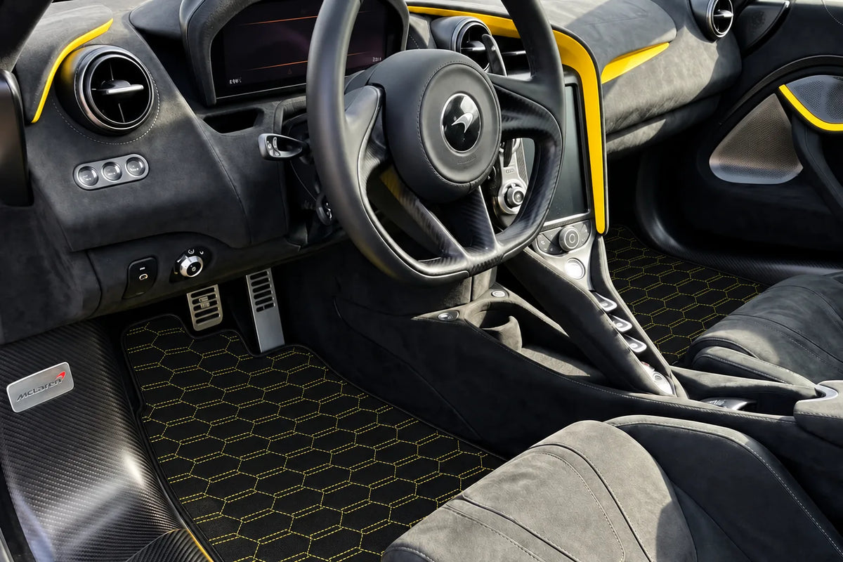 Customizable Leather Floor Mats with Interlaced Hex Pattern for McLaren 750S (2023-2025) inside the vehicle
