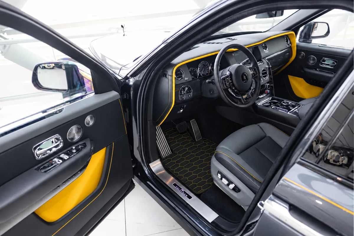 Customizable Leather Floor Mats with Raptor Hex Pattern for Rolls Royce Cullinan (2018-2025) inside the vehicle