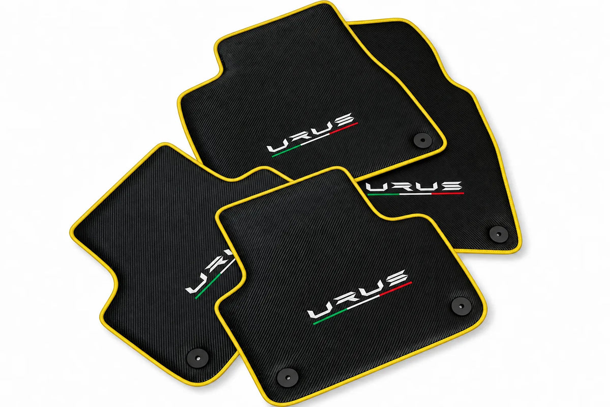 Floor Mats For Lamborghini Urus Made From Carbon Fiber Leather Yellow trim