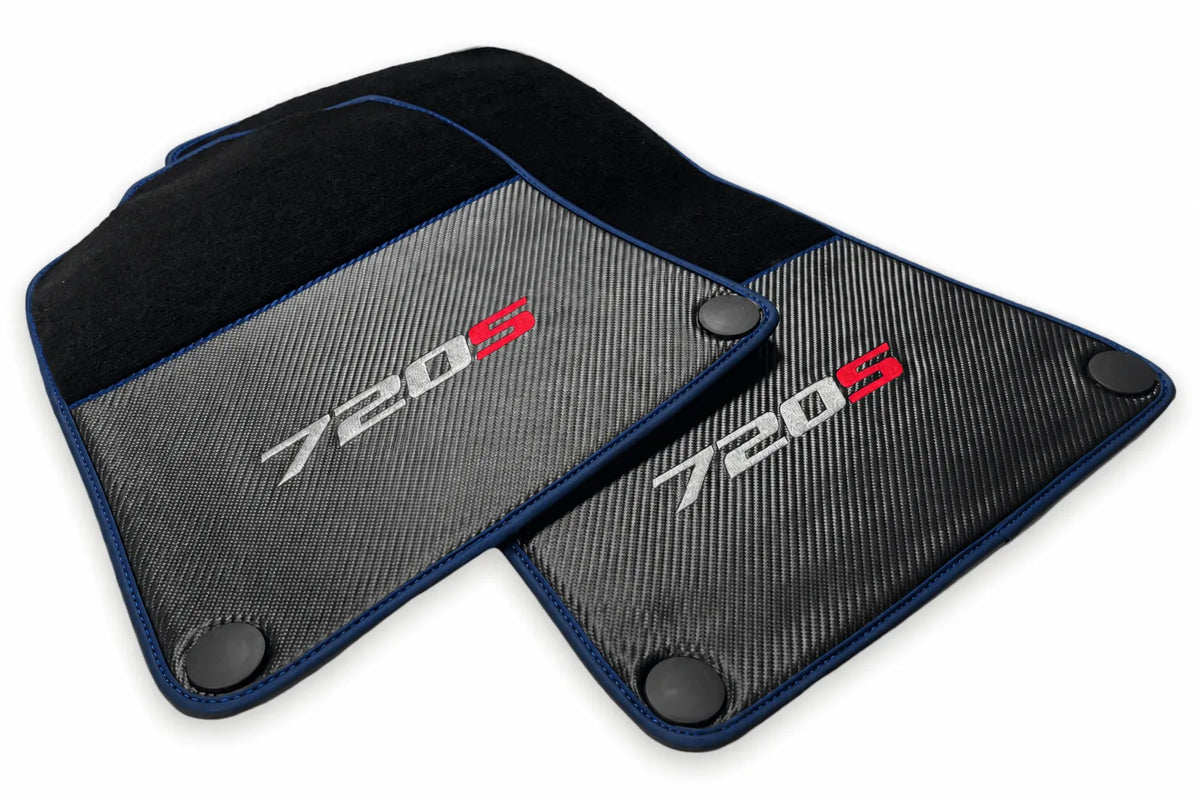 Floor Mats For McLaren 720S Black Tailored Carpets With Carbon Dark Blue trim