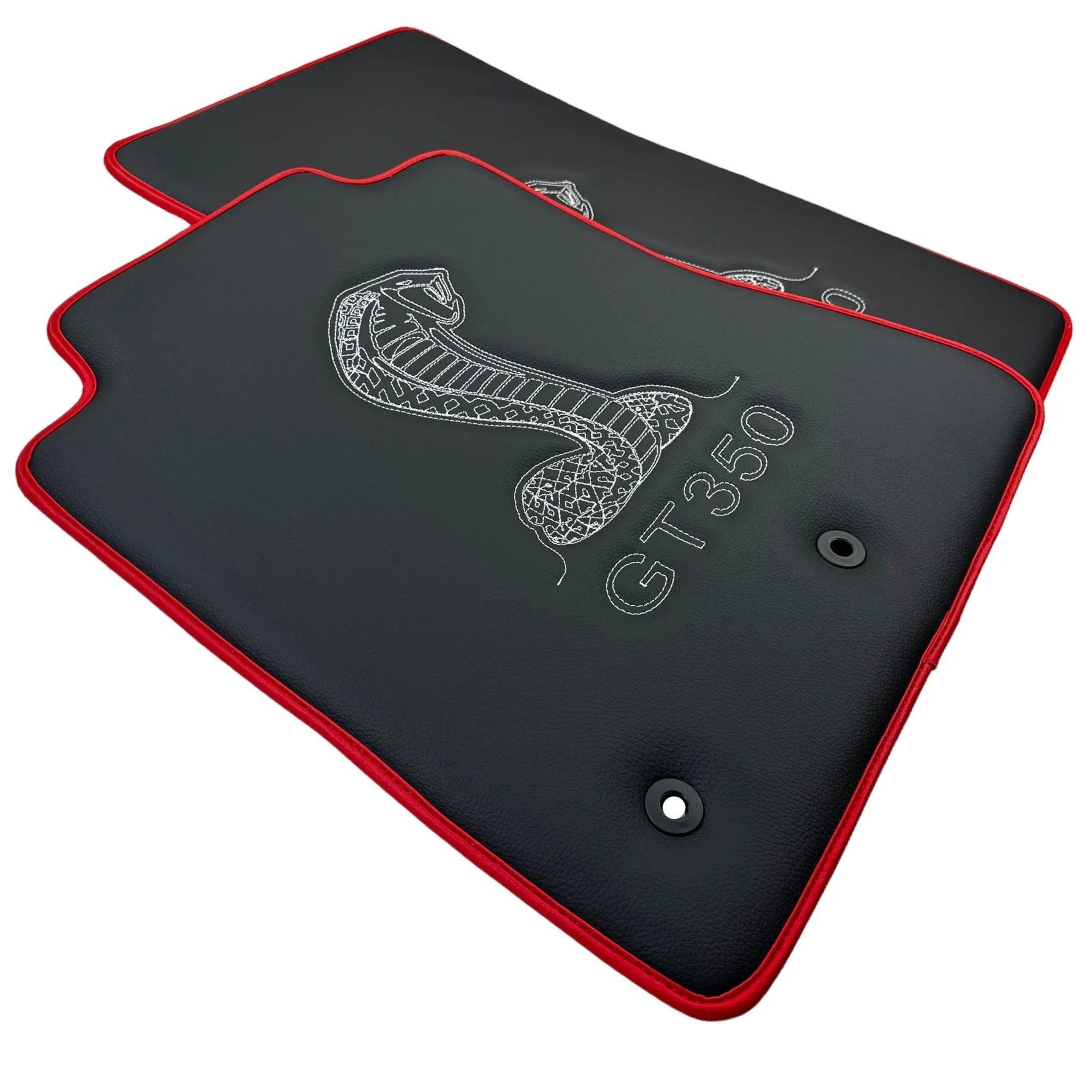 Leather Floor Mats with Red Trim for Ford Mustang GT350 Shelby (2015-2021) with Cobra Sewing - AutoWin