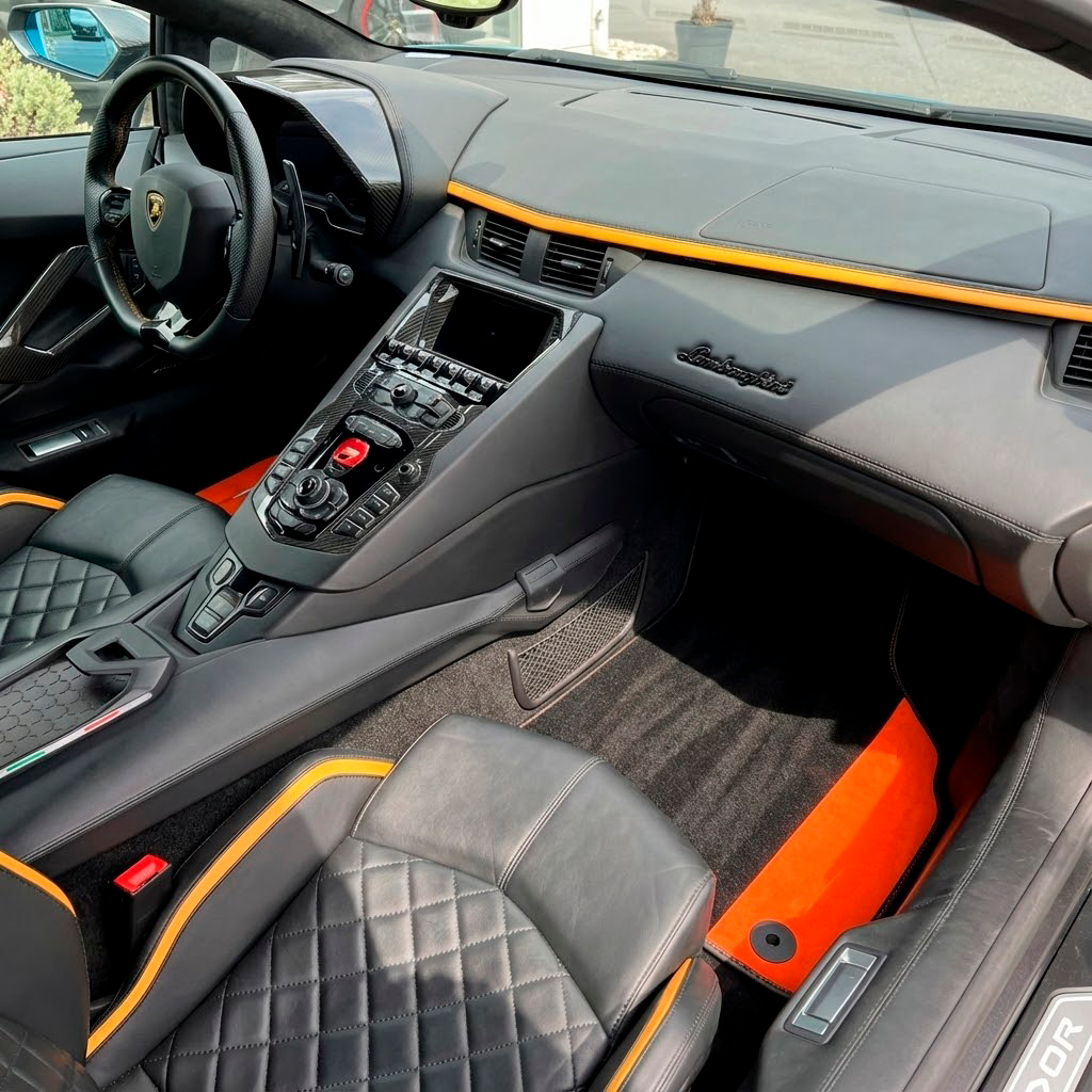 Customizable Black Floor Mats for Lamborghini Aventador with Orange (Arancia Mira) Nappa Leather