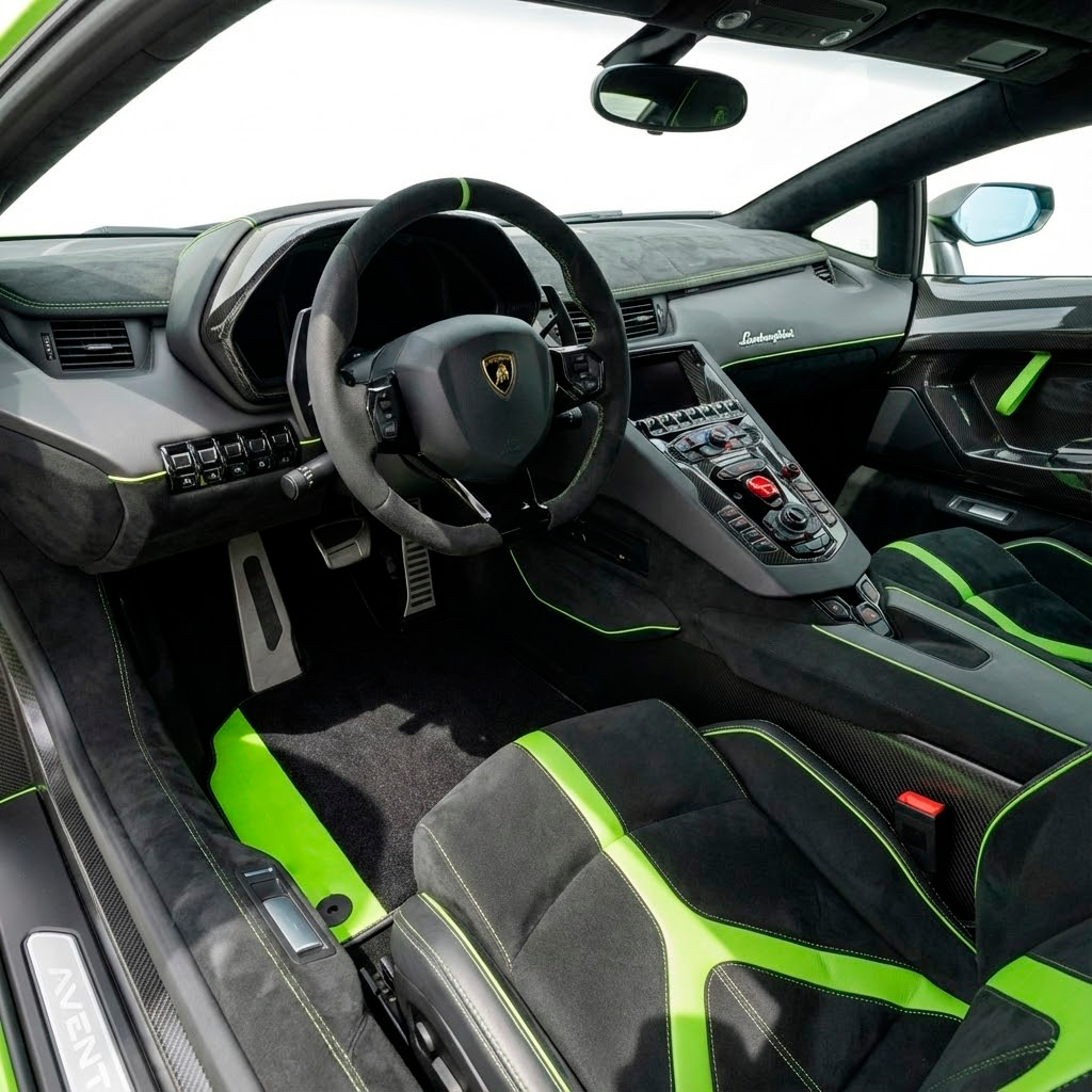 Customizable Black Floor Mats for Lamborghini Aventador With Green Leather