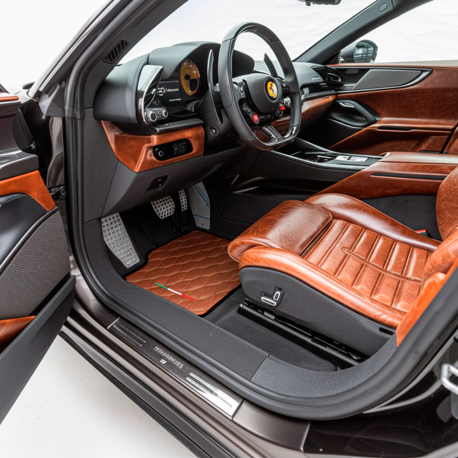 Brown Leather Viper Hex Pattern Floor Mats for Ferrari Purosangue (2023-2024) with Italian Flag