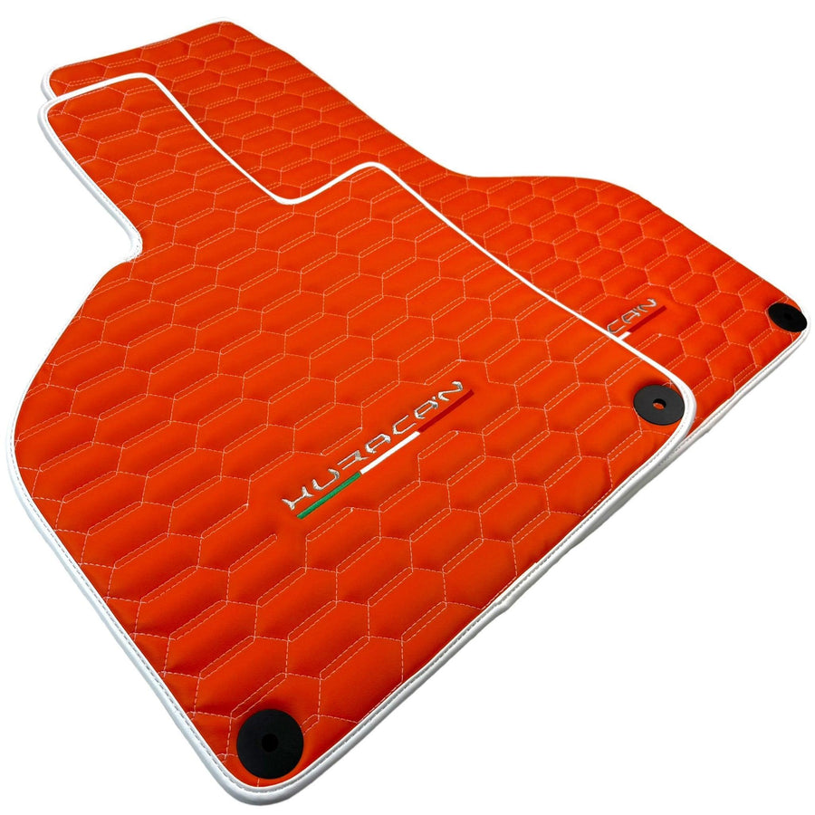 Orange Leather Floor Mats for Lamborghini Huracan with White Trim - AutoWin
