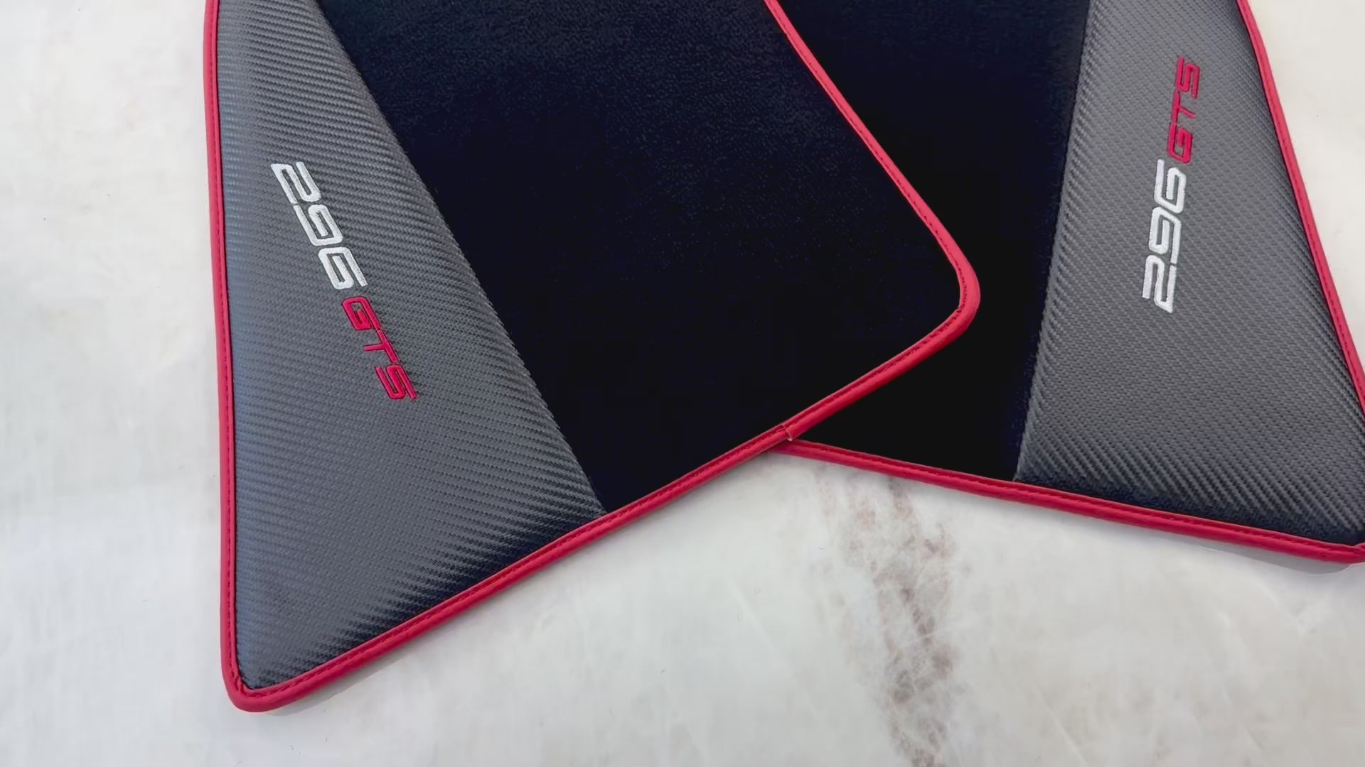 Black Floor Mats for Ferrari 296 GTS (2022-2025) with Carbon Fiber | Red Trim - AutoWin