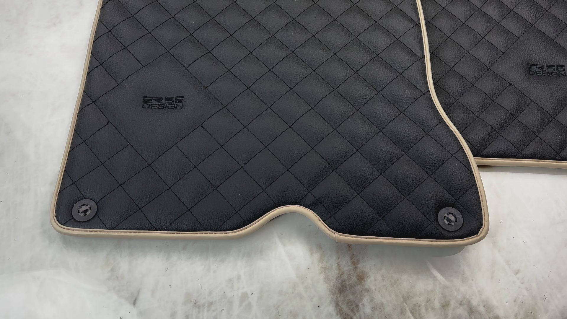 Leather Floor Mats for Ferrari California T (2015-2018) Black Sewing ER56 Design | Beige Trim - AutoWin