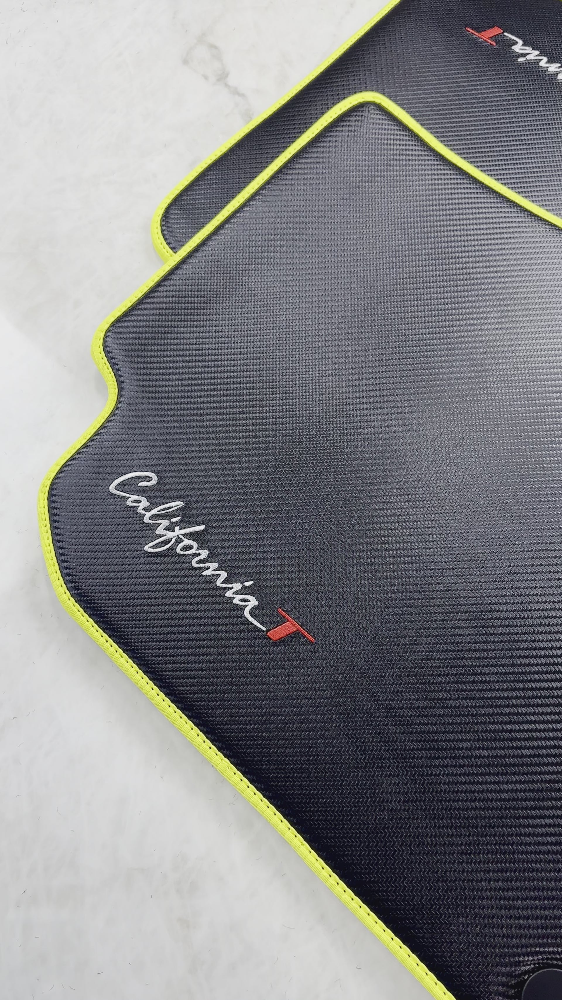 Carbon Fiber Leather Floor Mats For Ferrari California T (2015-2018) with Yellow Trim - AutoWin