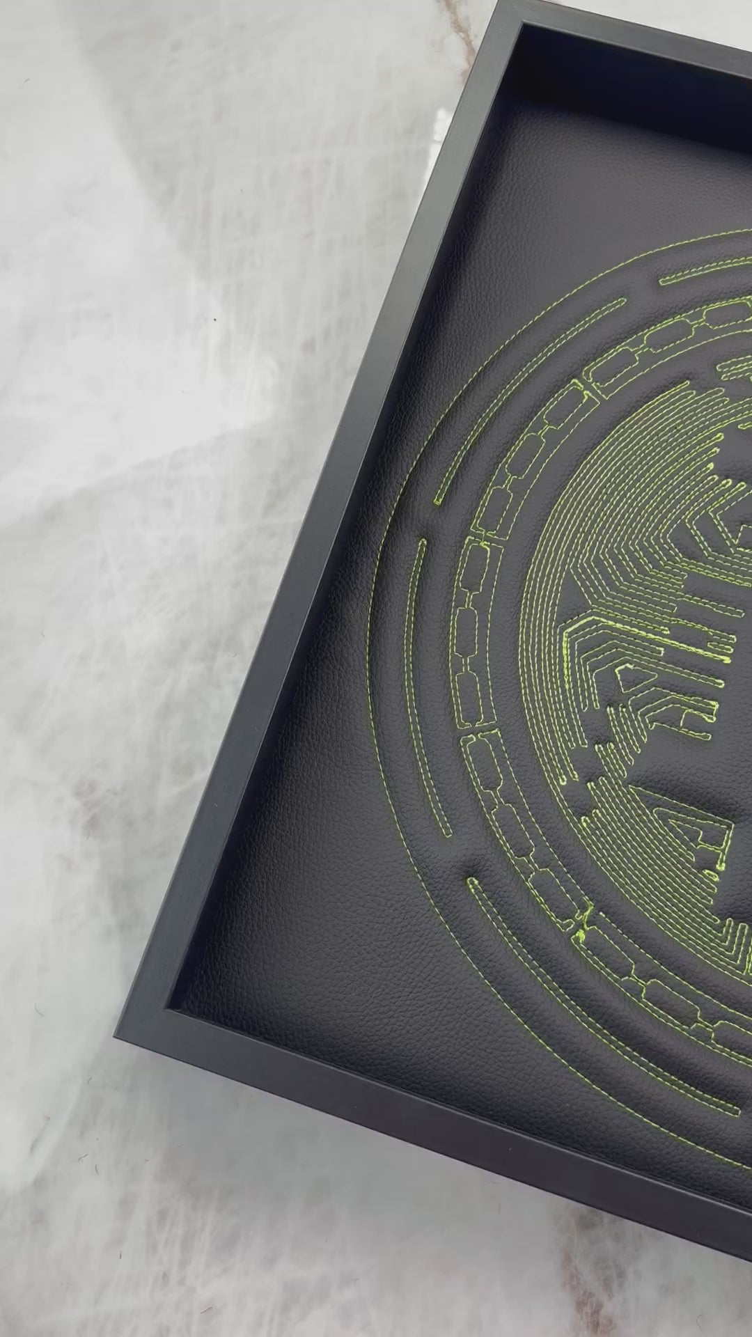 Black Leather Bitcoin Inspired Wall Art: Embroidered Green Stitch Luxury Decor - ER56 Design