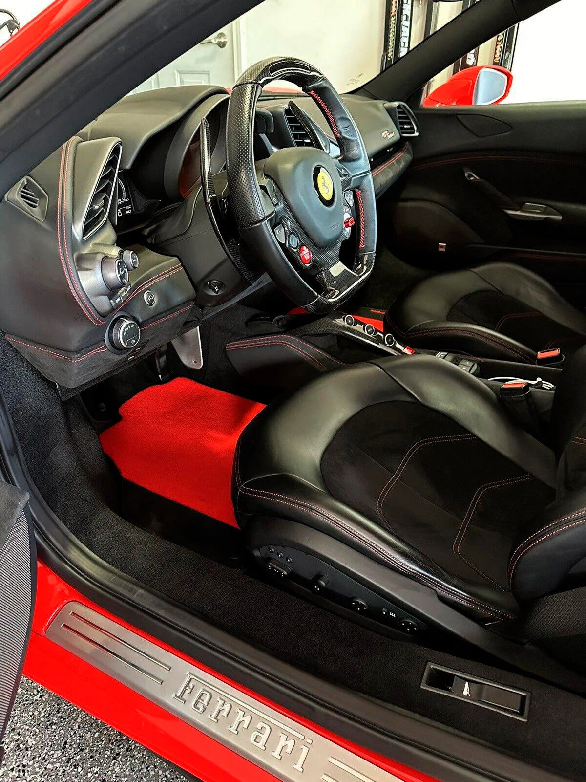 Interior look of floor mats for Red Floor Mats For Ferrari 488 Spider 2015-2022 Alcantara Leather