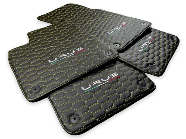 Floor Mats For Lamborghini Urus Leather Yellow Stitching - AutoWin