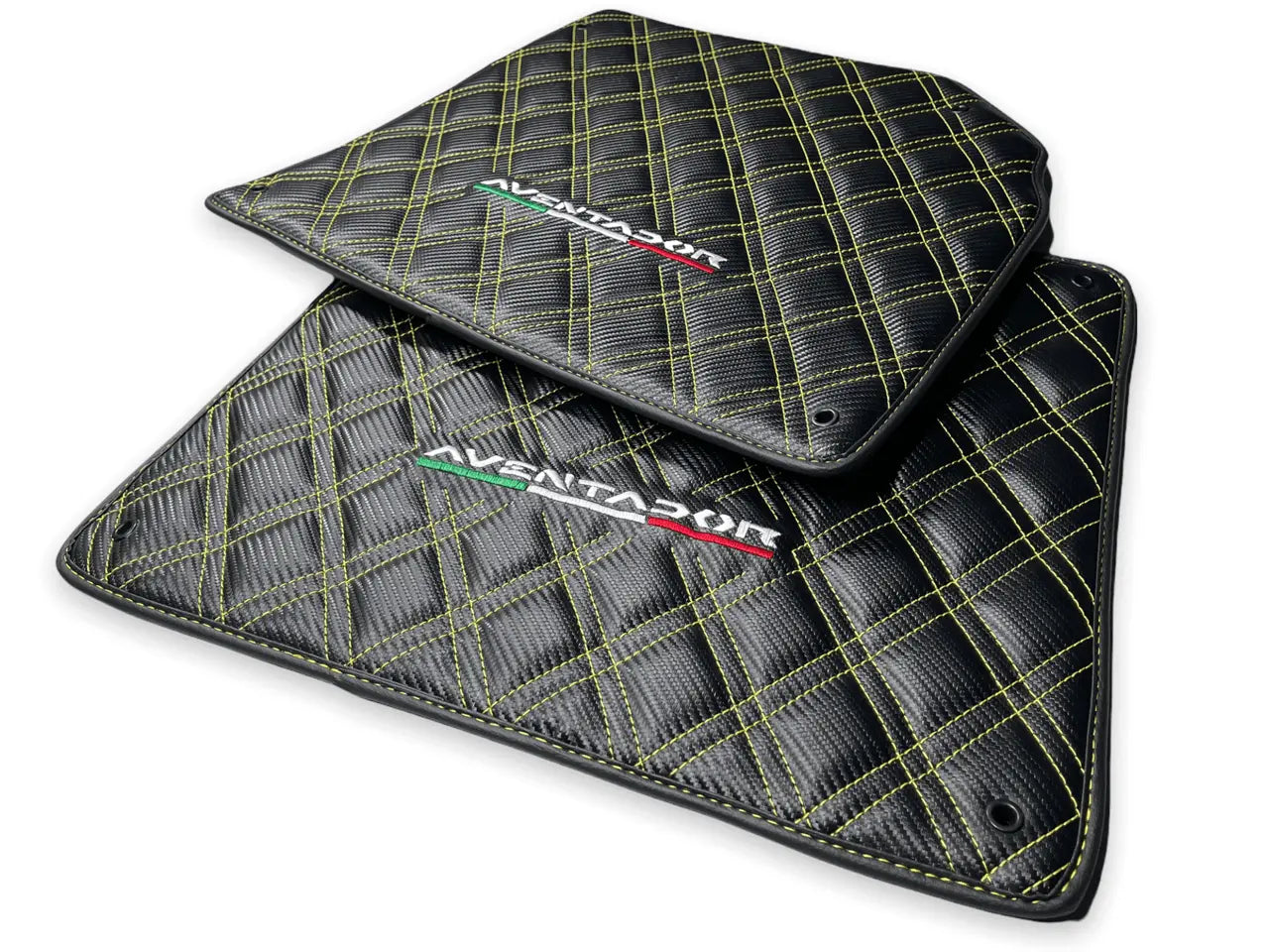Floor Mats for Lamborghini Aventador Carbon Fiber Leather Yellow Stitching - AutoWin