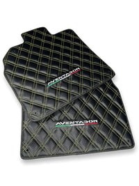 Floor Mats for Lamborghini Aventador Carbon Fiber Leather Yellow Stitching - AutoWin