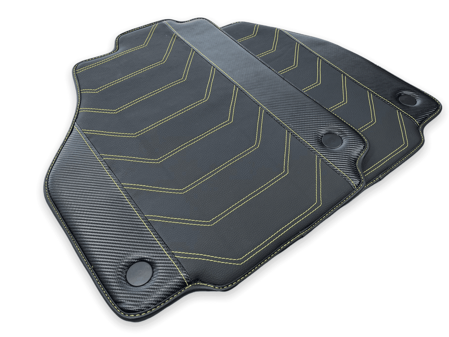 Leather Floor Mats For Ferrari 458 Italia 2009-2015 Black With Yellow Sewing - AutoWin