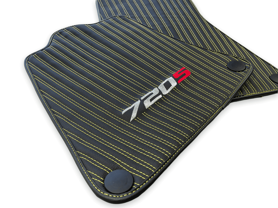 Leather Floor Mats For McLaren 720S Black Tailored Yellow Sewing - AutoWin
