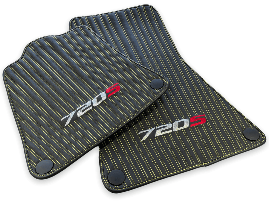 Leather Floor Mats For McLaren 720S Black Tailored Yellow Sewing - AutoWin